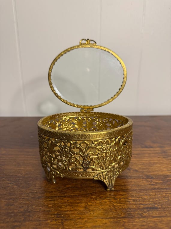 Antique French Ormolu Filigree Jewelry Casket | Victorian Vanity Decor