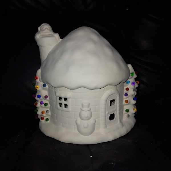 Light-up Christmas House with Santa and Snowman Ceramic Bisque