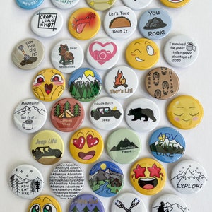 Mix and Match Button Pins - Adventure Explore Hiking Mountains Outdoors Fun Pun Emoji Camera Photography Kayaking Duck Duck Jeep