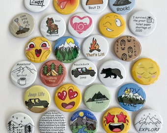Mix and Match Button Pins - Adventure Explore Hiking Mountains Outdoors Fun Pun Emoji Camera Photography Kayaking Duck Duck Jeep