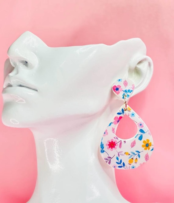 Large Floral Teardrop Dangle Earrings –  Spring Statement Jewelry