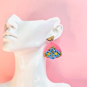 Handcrafted Floral Statement Earrings – Pink Blue Polymer Clay Dangles – Lightweight Botanical Jewelry – Gift for Her – MTR Designs