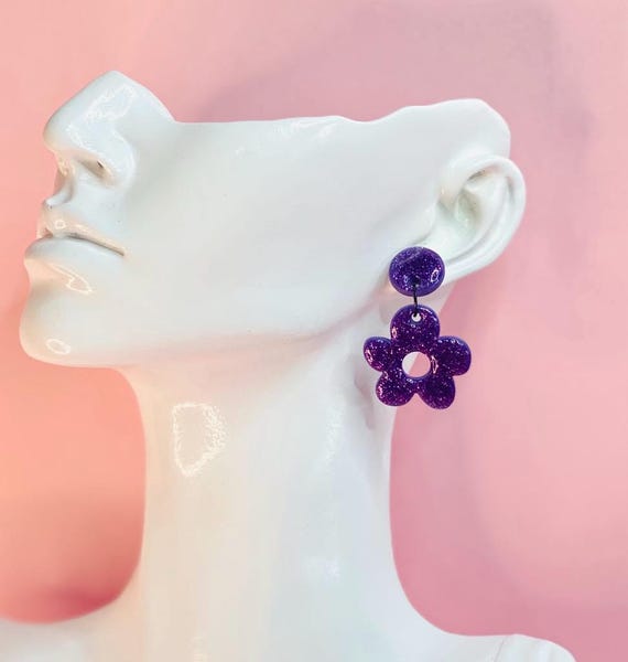 Purple Glitter Flower Earrings