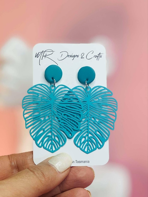 Turquoise Monstera Leaf Earrings