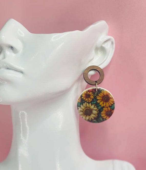 Sunflower Polymer Clay Earrings with Wood Stud
