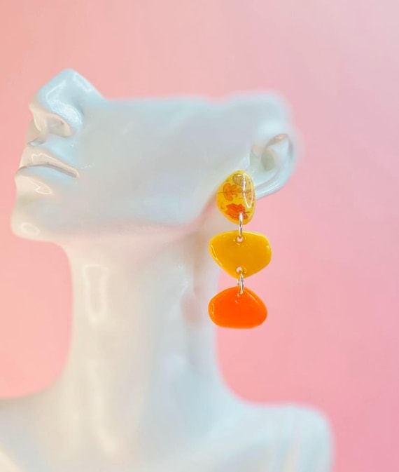 Boho Floral Statement Earrings – Orange & Yellow Polymer Clay Dangles | Lightweight Handmade Jewelry