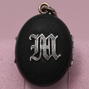 Antique Victorian Mourning French Vulcanite "M" Silver Plate Pendant Locket