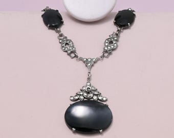 Vtg Art Deco Natural Onyx Sterling Silver Marcasite Pendant Necklace