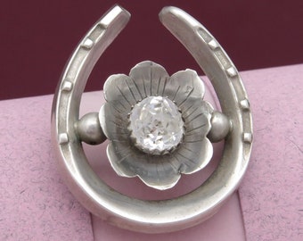 Antique Victorian 1887 Sterling Silver Horseshoe Paste Flower Brooch Pin