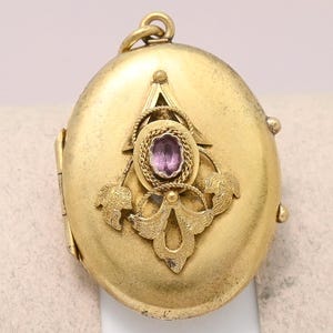 Antique Victorian Amethyst Paste Ivy Leaf Sterling Silver Vermeil Locket