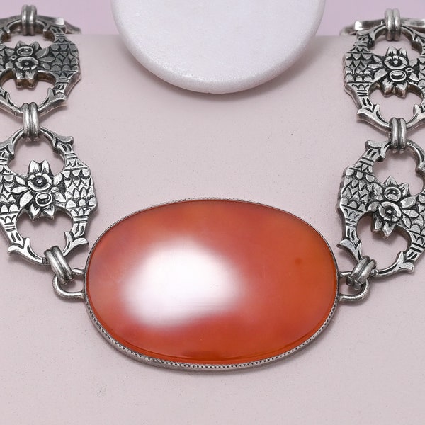 Vtg Art Deco Signed Bates and Bacon Sterling Silver Carnelian Pendant Necklace