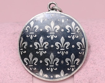 Antique Victorian Niello FLEUR DE LIS Niello Silver Plate Charm Pendant