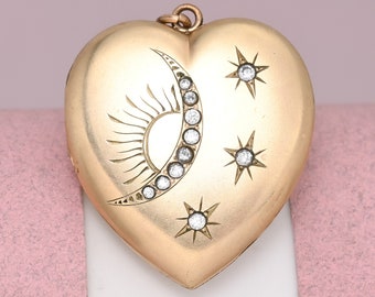Antique Victorian CRESCENT MOON SUN Star Heart Gold Filled Pendant Locket