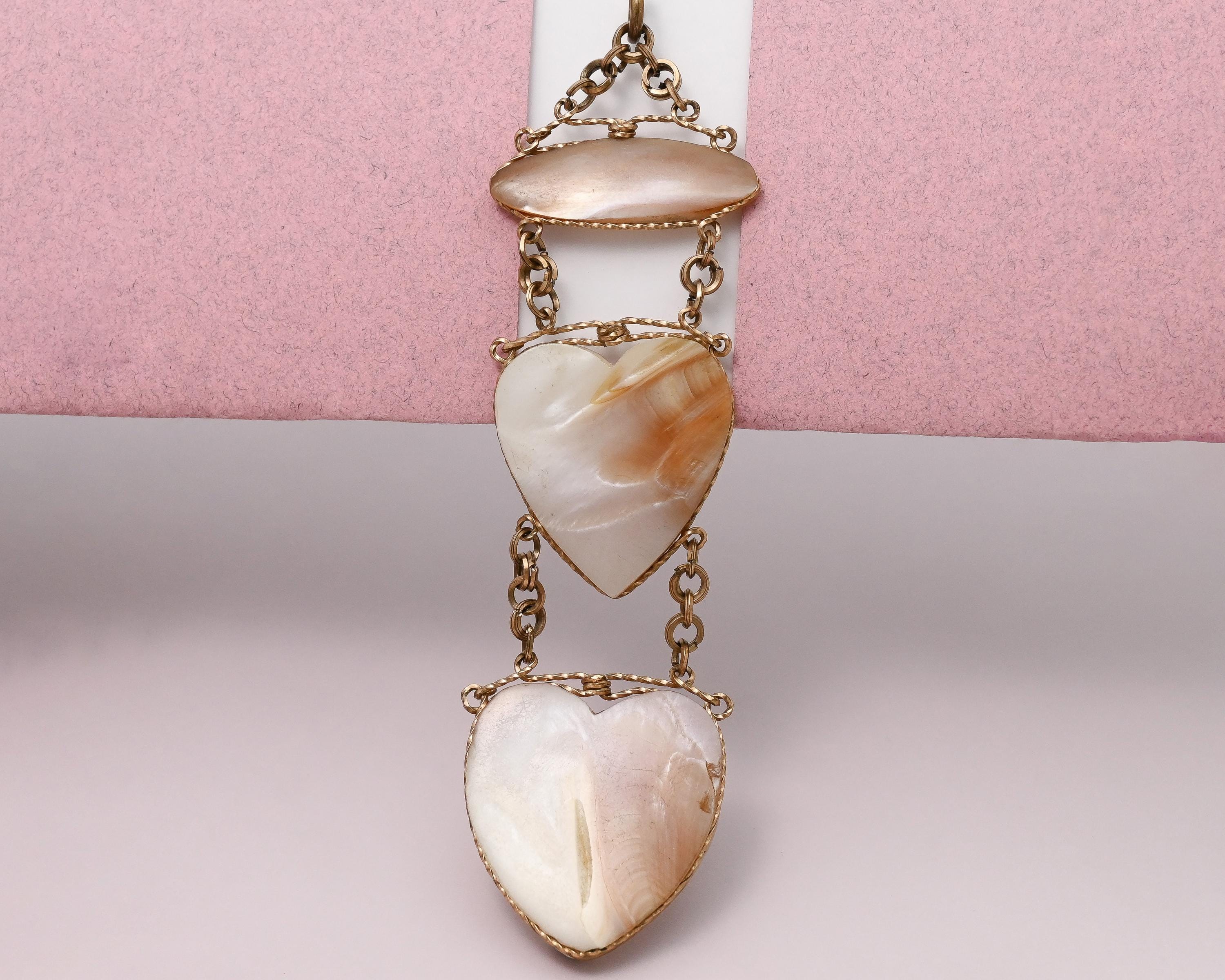 Antique Victorian LARGE 4" Heart MOP Mother of Pearl Yellow Gold Filled Pendant