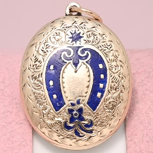 Antique Victorian Horseshoe Gold Filled Blue Enamel Charm Pendant Locket
