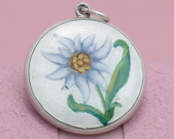 Antique Art Deco Guilloche Enamel Edelweiss Flowe… - image 1