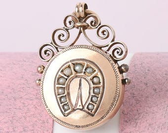 Antique Victorian Horseshoe Rose Gold Filled Seed Pearl Charm Pendant