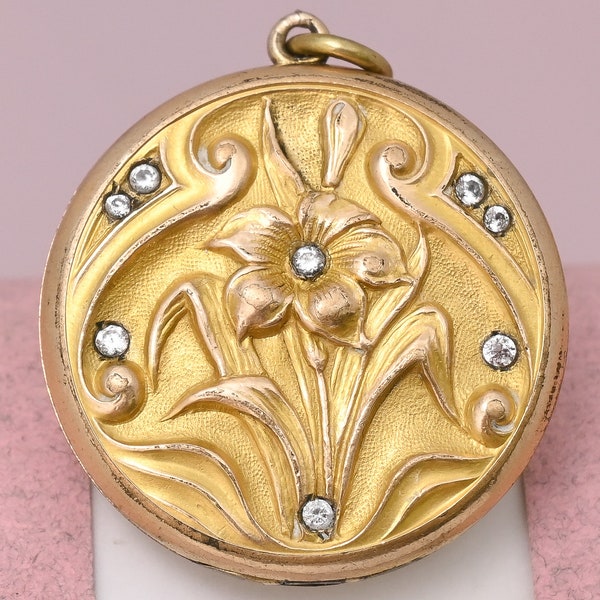 Antique Victorian Yellow Gold Filled Repousse Lily Flower Paste Pendant Locket