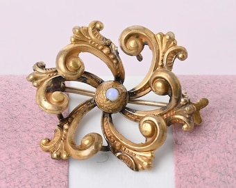 Antique Victorian Edwardian Starburst Gold Filled Fire Opal Brooch Pin
