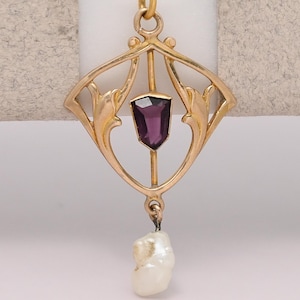Antique Victorian Edwardian 10k Gold Amethyst Paste Pearl Lavaliere Pendant