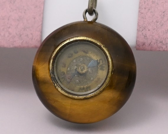 Antique Victorian COMPASS Natural Tiger's Eye Gol… - image 1