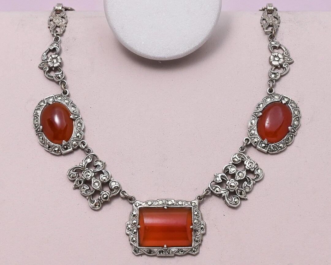 Vtg Art Deco Natural Carnelian Sterling Silver Marcasite Pendant ...