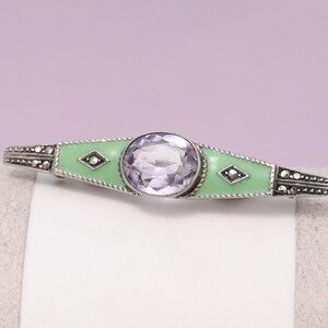 Vtg Antique Art Deco Amethyst Enamel 800 Silver Marcasite Brooch Pin