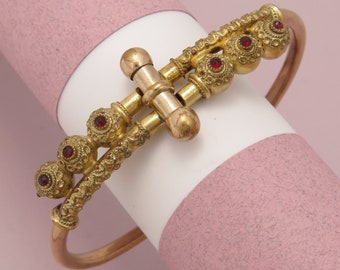 Antique Victorian Etruscan Revival Red Paste Gold Filled Bypass Bracelet