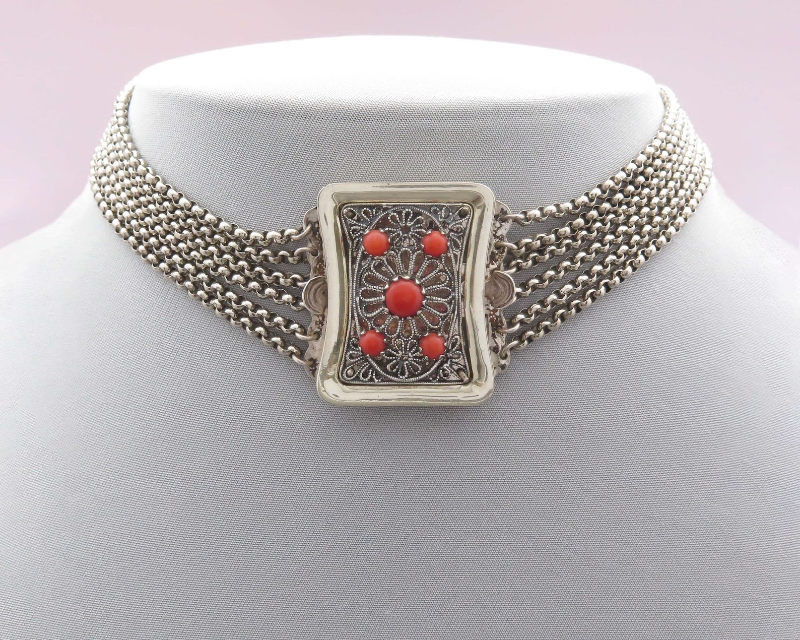 Antique Victorian Kropfband Kropkette 835 Silver Natural Coral Choker Necklace