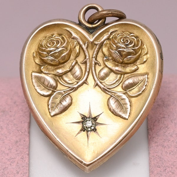 Antique Victorian DOUBLE ROSE Heart Repousse Paste Gold Filled Pendant Locket