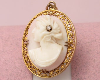 Antique Art Deco 10k Gold Filigree Habille Carved Shell Cameo Sapphire Pendant