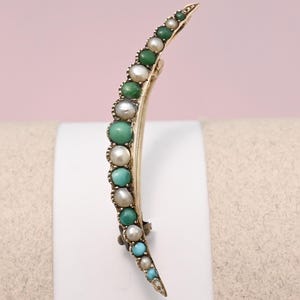 Antique Victorian Crescent Moon 9k Gold Turquoise Pearl Brooch Pin