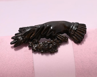Antique Victorian Mourning Large Hand Holding Wreath Vulcanite Brooch Pin