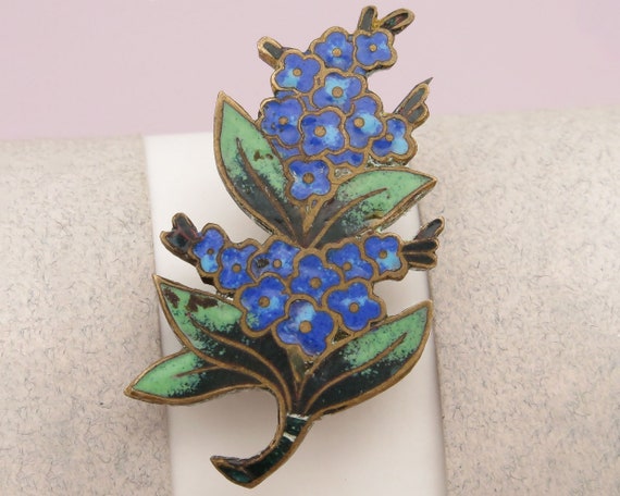 Antique Victorian Champleve Enamel Forget Me Not … - image 1