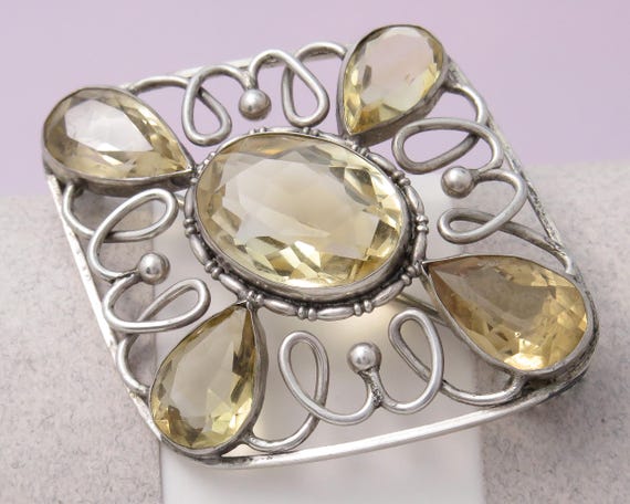 Antique Arts & Crafts Natural Citrine Sterling Silver Brooch Pin