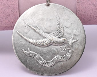 Antique Victorian French “I Bring Happiness” Silver Repousse 1" Charm Pendant