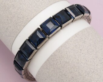 Vtg 1930s Art Deco Blue Paste Diamonbar Wide Sterling Silver Line Bracelet