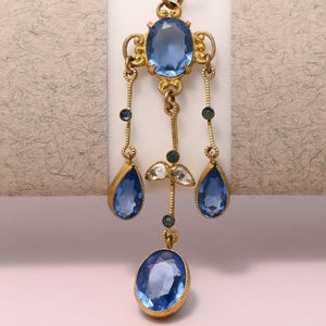 Antique 1920s Art Deco Blue Glass Open & Foiled Lavaliere Pendant