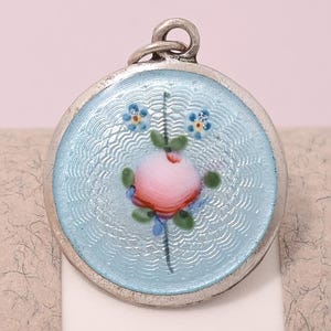Antique Art Deco BLUE Flower Guilloche Enamel Sterling Silver Charm Pendant
