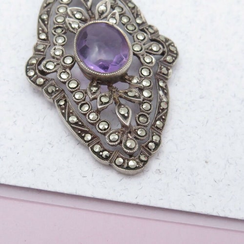 Vtg 1930s Art Deco Natural Amethyst outlets Marcasite Sterling Silver Openwork Pendant