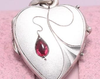 Antique Art Nouveau Jugendstil HEART Silver Red Paste Charm Pendant Locket