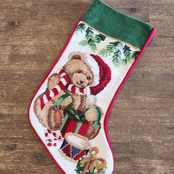 Personalized Hand embroidered wool needlepoint Christmas stocking, Teddy bear, Christmas tree  and toys clown Christmas stocking