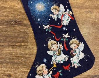 Personalized cross stitch Christmas stocking, music from heaven, angles Christmas stocking
