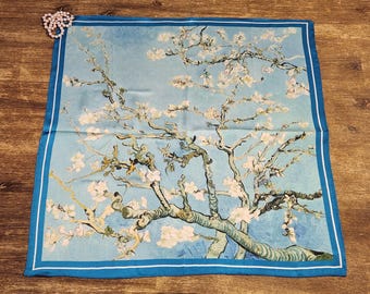 Lenço 100% seda de amoreira, lenço pequeno em charmeuse de seda, estampa Amendoeira em Flor de Van Gogh, lenço de seda pura 14 momme, 53 cm (21")