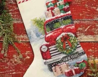 Personalized cross stitch Christmas stocking, Santa’s truck Christmas stocking