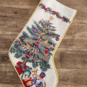 Wool needlepoint Christmas stocking,  Christmas tree stocking, 7.5” x 19.75” / 19 cm x 50 cm, hand embroidered Christmas stocking