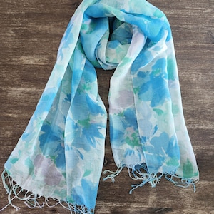 Lightweight spring/summer 100% linen scarf with hand rolled tassels,  22.5 inches x 74 inches / 57cm x 188 cm