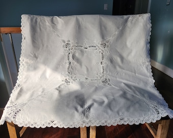 Vintage not used battenburg lace + hand embroidered tablecloth, square, white,  cotton, 42.5 in, tea party tablecloth,  excellent condition