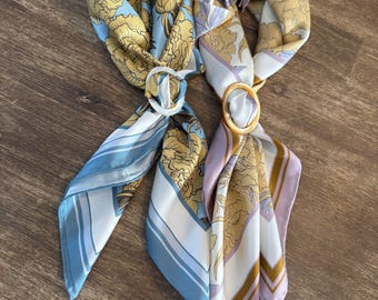 Hand rolled hem 100% mulberry silk scarves, gold floral silk scarves, 14 MM silk twill scarves, 25” silk scarves