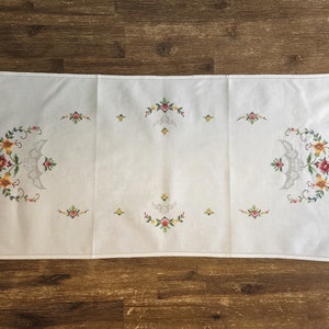 Hand embroidered cross stitch and drawn work table runner, with hemstitch edges, off white, 100% cotton, 16 ” x  33.85 ” /  41cm x 86cm